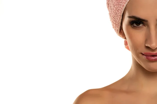 Half Portrait Young Beautiful Woman Posing Towel Her Head White — Stock Photo, Image