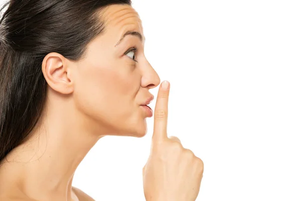 Excited Young Woman Finger Her Lips Silence Gesture — Stock Photo, Image