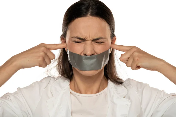 Upset Young Woman Adhesive Tape Her Mouth Blocking Her Ears — Stock Photo, Image