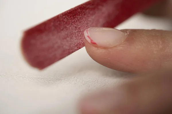 Process Filing Nails Cutting Red French Female Manicure Close — Stock Photo, Image