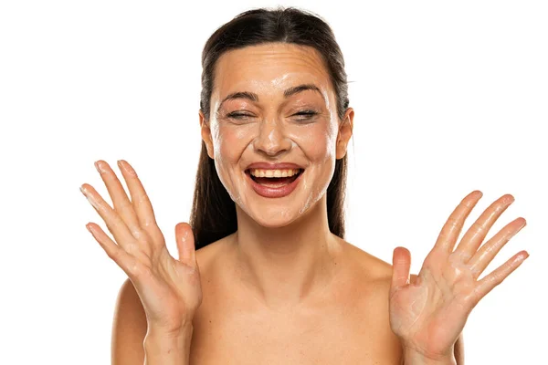 Portrait Smiling Woman Smeared Makeup Removing Lotion Her Face White — Stock Photo, Image