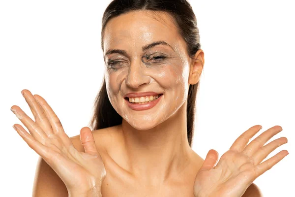 Portrait Smiling Woman Smeared Makeup Removing Lotion Her Face White — Stock Photo, Image