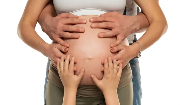 Close Pregnant Woman Hands Tummy Hands Her Kid Man Waiting — стоковое фото