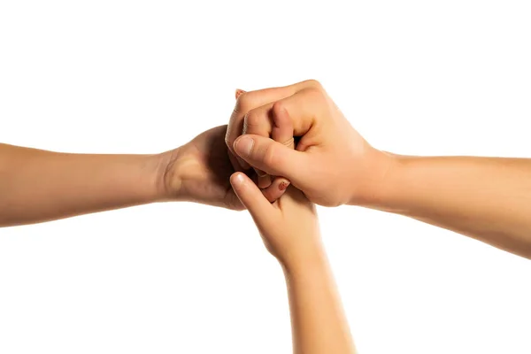 Children Mother Father Hands Holding Together White Background Studio — Stock Photo, Image