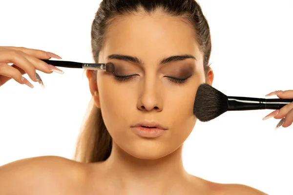 Beauty Portrait Beautiful Woman Posing Make Brushes Closed Eyes Isolated — стоковое фото