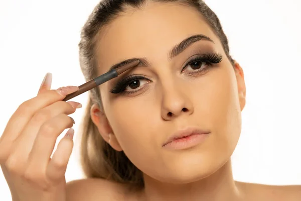 Beauty Makeup Woman Shaping Eyebrow Brow Pencil Closeup White Background — Stock Photo, Image