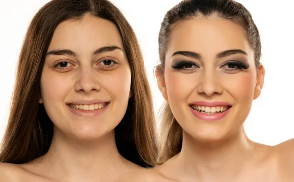 Jämförelse Porträtt Kvinna Utan Och Med Makeup Vit Bakgrund — Stockfoto