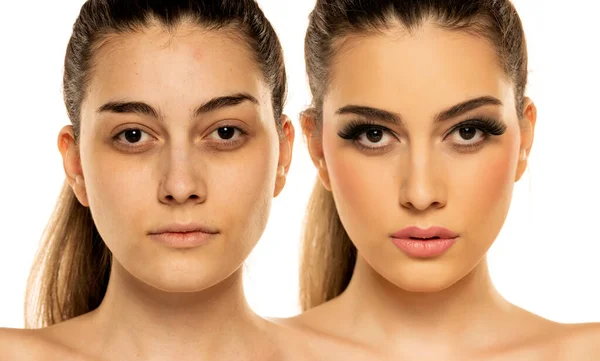 Retrato Comparativo Una Mujer Sin Con Maquillaje Sobre Fondo Blanco — Foto de Stock
