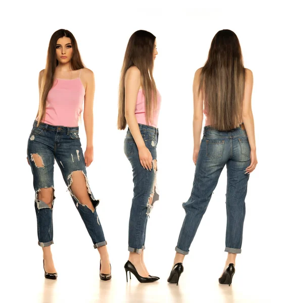 Collage Una Giovane Donna Attraente Posa Jeans Strappati Camicia Estiva — Foto Stock