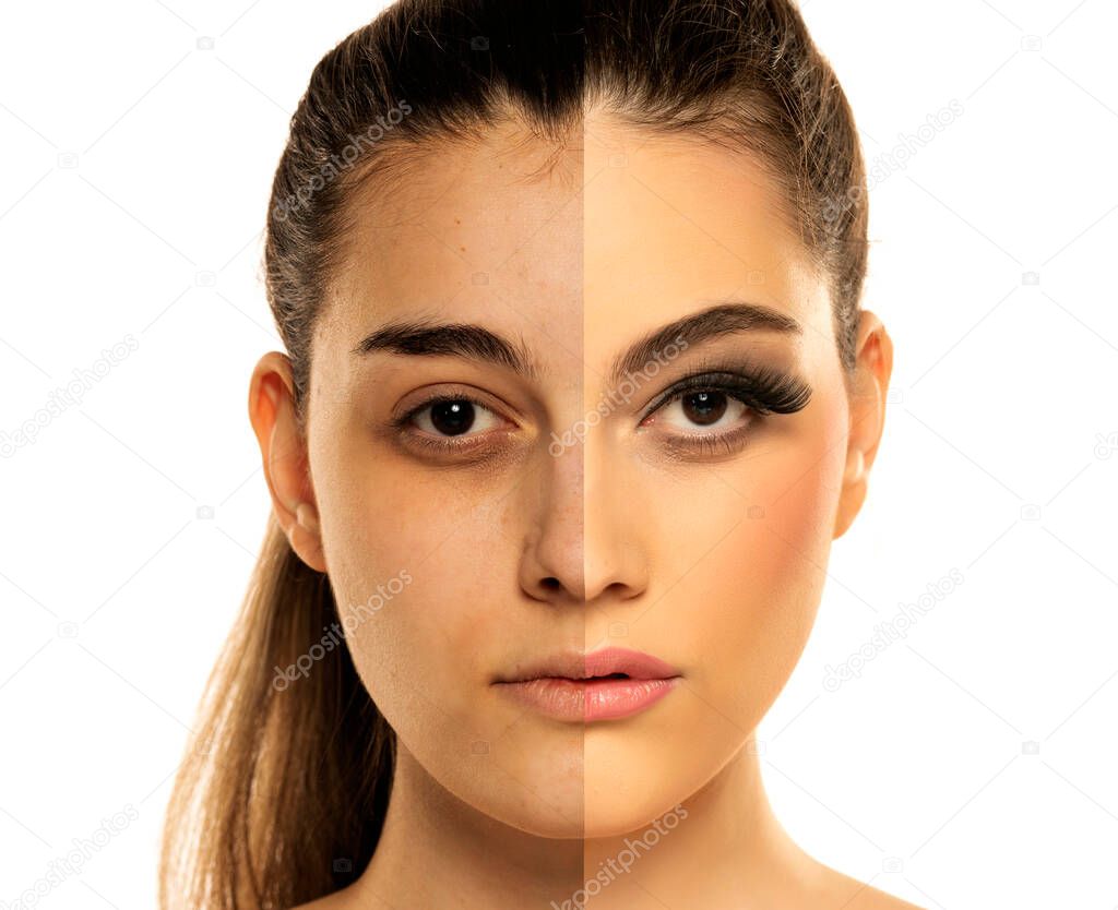 Comparison portrait of a woman without and with makeup on a white background