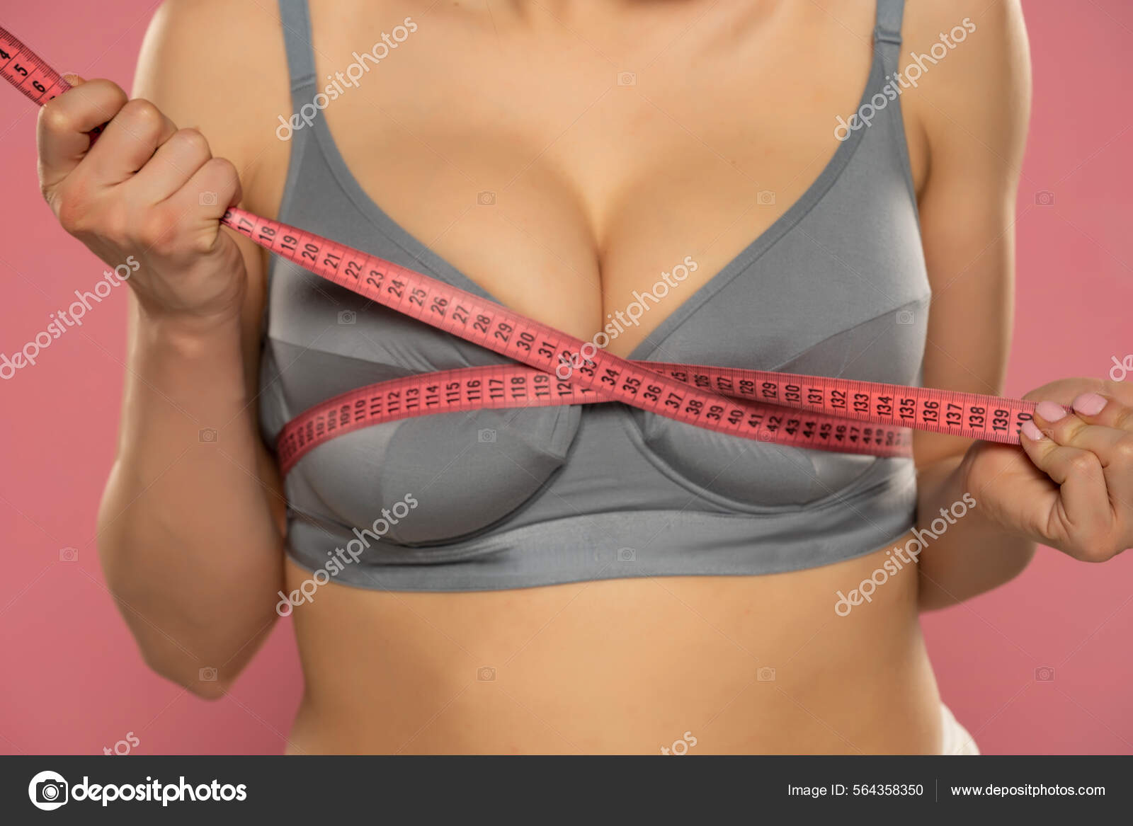 Woman Measure Her Huge Breasts Measuring Tape Pink Background Stock Photo  by ©VGeorgiev 564358350