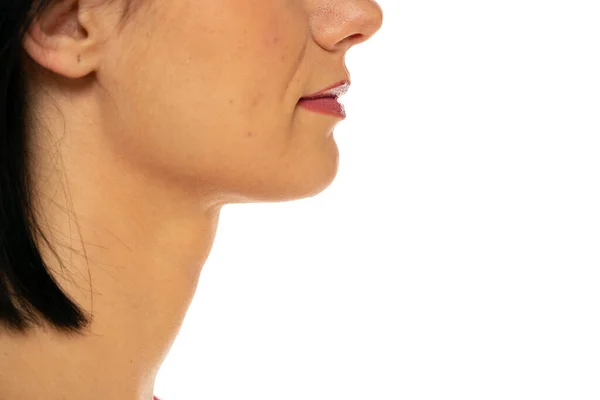 Closeup Profile Female Nose Neck Lips White Background — стоковое фото