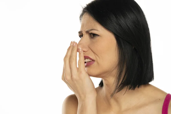 Middle Aged Woman Checks Her Breath Her Palm White Background — Fotografia de Stock