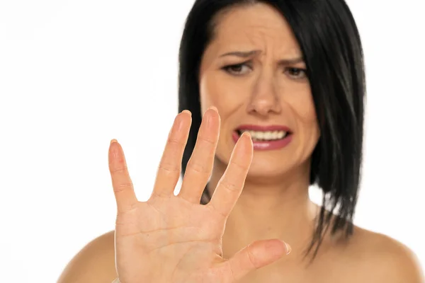 Portrait Middle Aged Shocked Terrified Scared Speechless Woman Looking Her — Stock Photo, Image