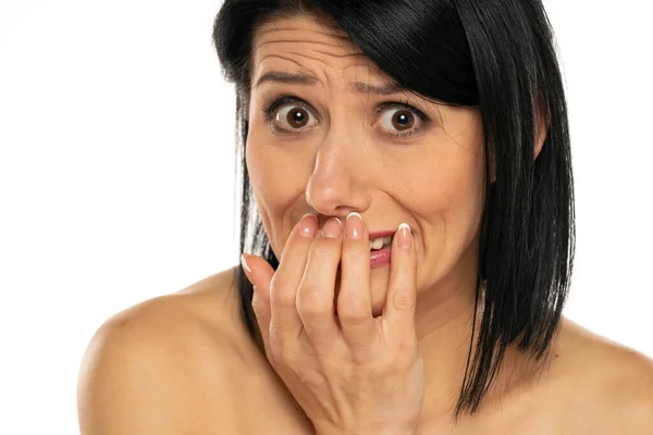 Young Woman Holding Her Hands Front Her Mouth Shame White — Stok fotoğraf