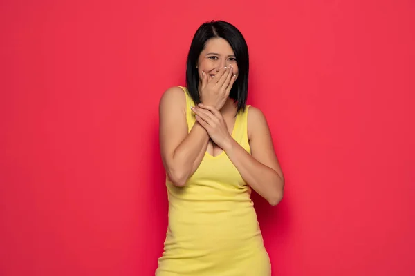 Portrait Laughing Beautiful Middle Aged Woman Black Hair Yellow Dress — Fotografia de Stock