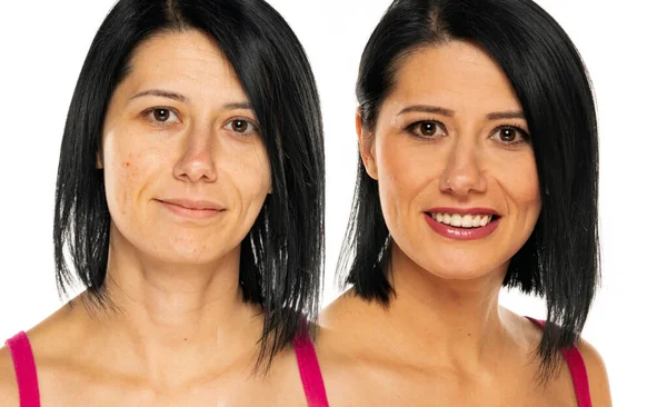Portret Porównawczy Kobiety Bez Makijażu Białym Tłem — Zdjęcie stockowe