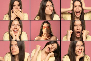 a collage from a portrait of the same woman with different emotions on a pink background