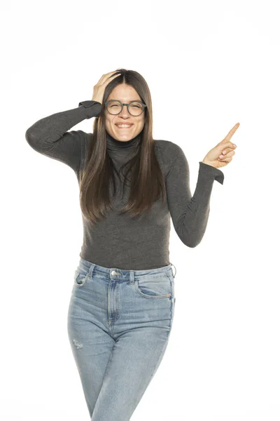 Happy Excited Young Beutiful Woman Standing Isolated White Wall Background — Stockfoto