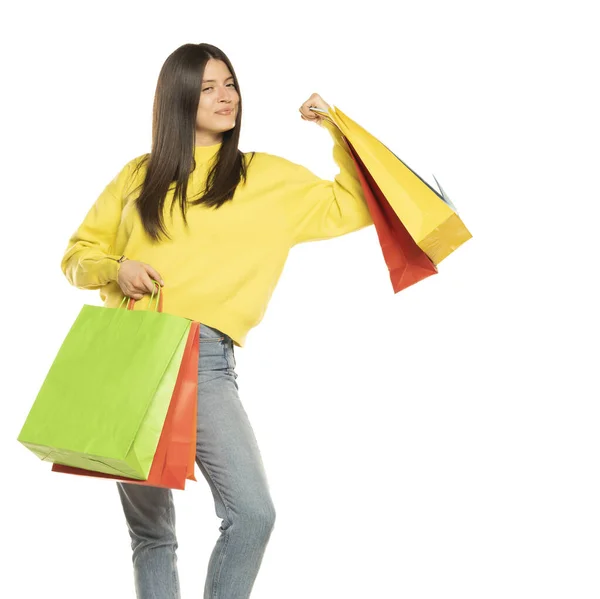 Portrait Smiling Beautiful Woman Wearing Blouse Jeans Holding Shopping Bags — Fotografia de Stock