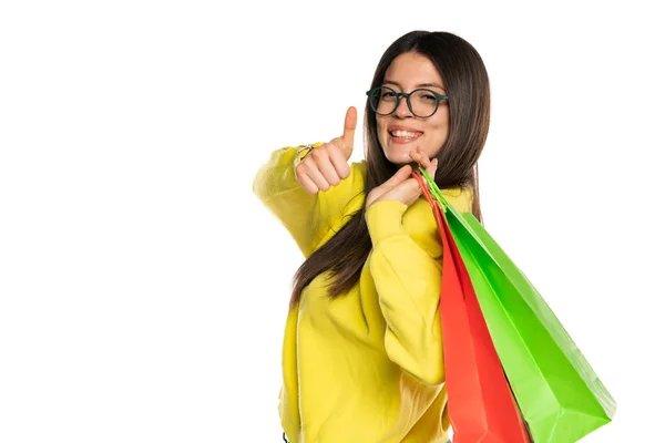 Portrait Smiling Beautiful Woman Wearing Blouse Jeans Holding Shopping Bags — Photo