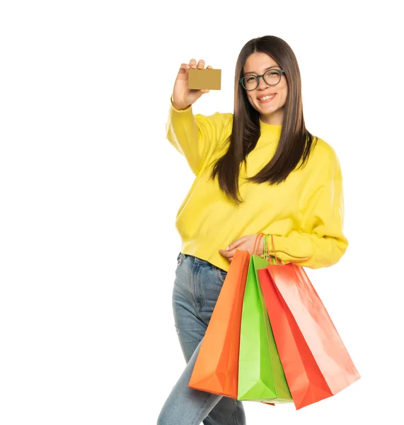 Portrait Happy Exited Brunette Woman Glasses Holding Credit Card Colorful — стоковое фото