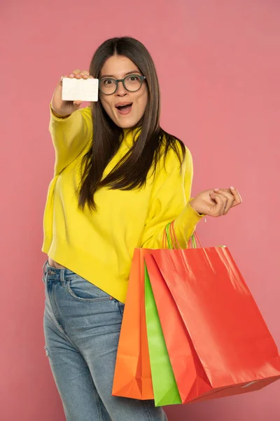 Close Happy Exited Brunette Woman Glasses Holding Credit Card Colorful — Fotografia de Stock