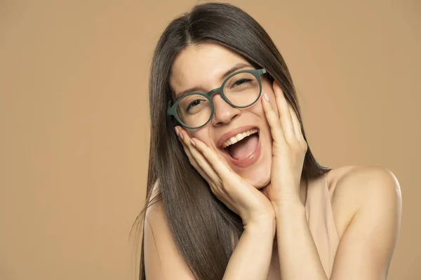 Happy Excited Beautiful Woman Eyeglasses Beige Background — Stock Photo, Image