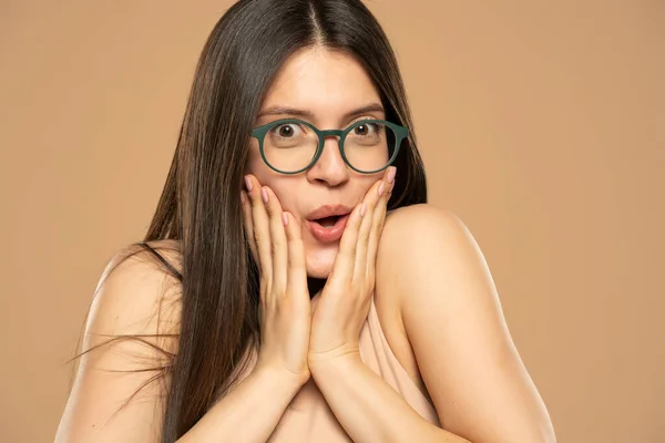 Happy Excited Beautiful Woman Eyeglasses Beige Background — Stock Photo, Image