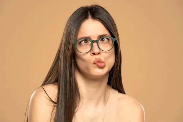 Cute Young Girl Eyeglasses Making Funny Face Pink Background Copy — Stockfoto