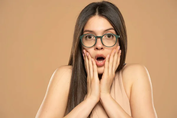 Surprised Amazed Beautiful Woman Wide Open Mouth Glasses Pink Background — Stockfoto