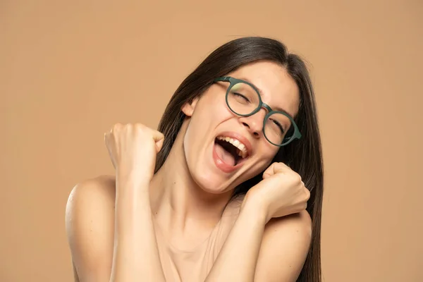 Studio Portrait Excited Young Woman Eyeglasses Cheering Pink Background — Stock Photo, Image