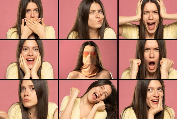 Collage Portrait Same Woman Different Emotions Pink Background — стоковое фото