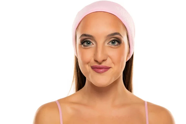 Portrait Young Beautiful Woman Makeup Headband White Background — Zdjęcie stockowe