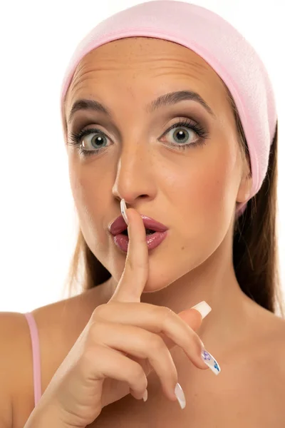 Portrait Young Excited Woman Holding Finger Lips White Background — Foto de Stock