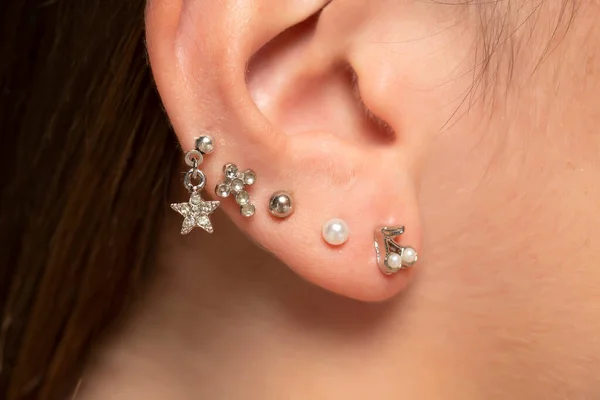 Ear Piercings Photos Helix Piercing Ear Rings Close — Foto Stock