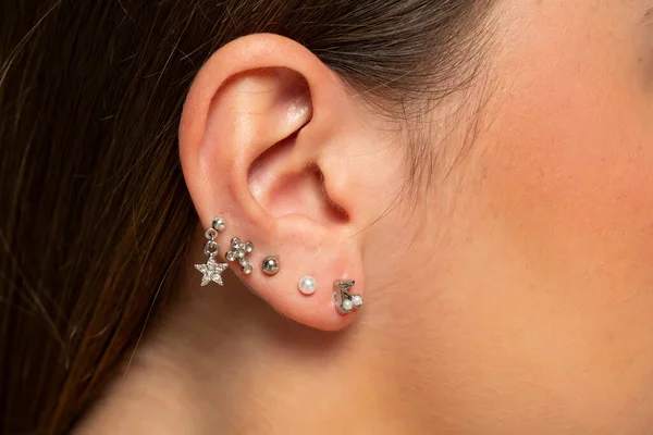 Ear Piercings Photos Helix Piercing Ear Rings Close — Foto Stock