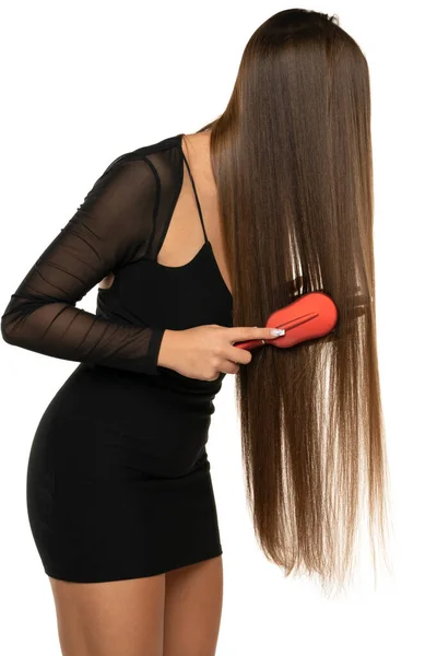 Closeup Woman Short Dress Combing Beautiful Long Healthy Hair Hairbrush — Photo