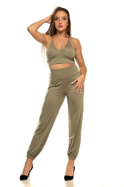 Young Woman Trousers Standing White Background — Stok fotoğraf