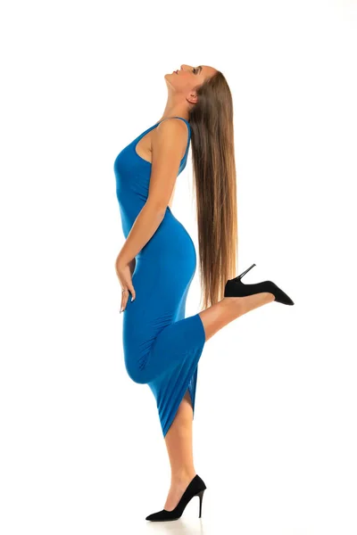 Young Woman Tight Long Dress Long Hair Posing White Background — 스톡 사진