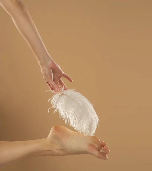 年轻女子的手触摸她的脚与白色羽毛米色背景 美丽的身体护理理念 — 图库照片