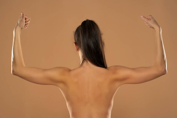 Back View Young Nude Woman Ponytail Showing Arms Beige Background Royalty Free Stock Images