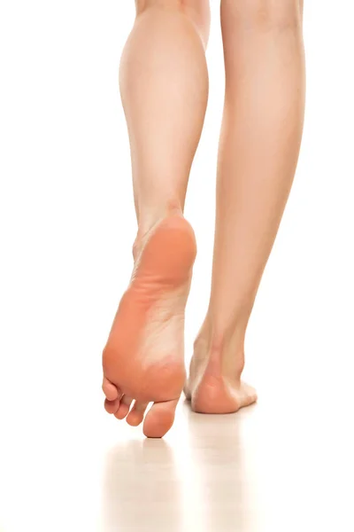 Slender Beautiful Female Legs Bare Feet Rear View White Background — Stock Photo, Image