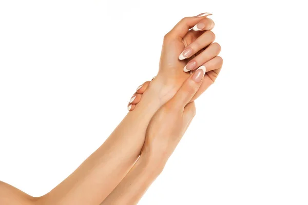 Frau Mit Schmerzhaftem Handgelenk Auf Weißem Hintergrund — Stockfoto