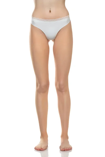 Front View Female Barefoot Legs White Bikini Panties White Studio — ストック写真