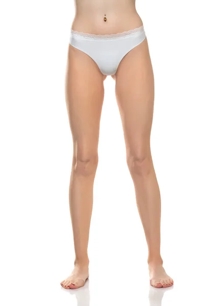 Front View Female Barefoot Legs White Bikini Panties White Studio — Stock Fotó