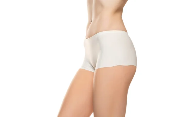 Mid Section Woman Wearing White Briefs Side View White Background — ストック写真