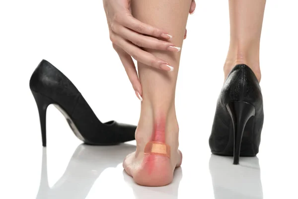 Closeup Woman Heel Blister Plaster White — Foto Stock
