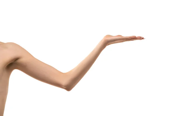 Young Woman Stretched Skinny Arm Open Palm Holding Imaginary Product — Foto Stock