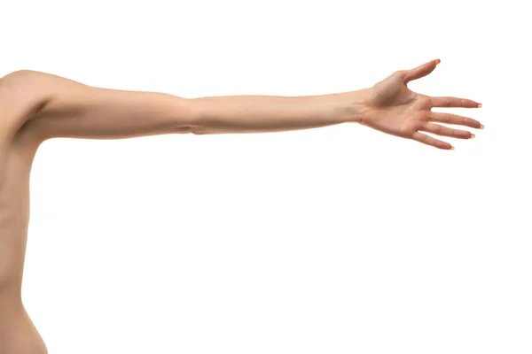 Young Woman Stretched Arm Palm Isolated White Background — Fotografia de Stock